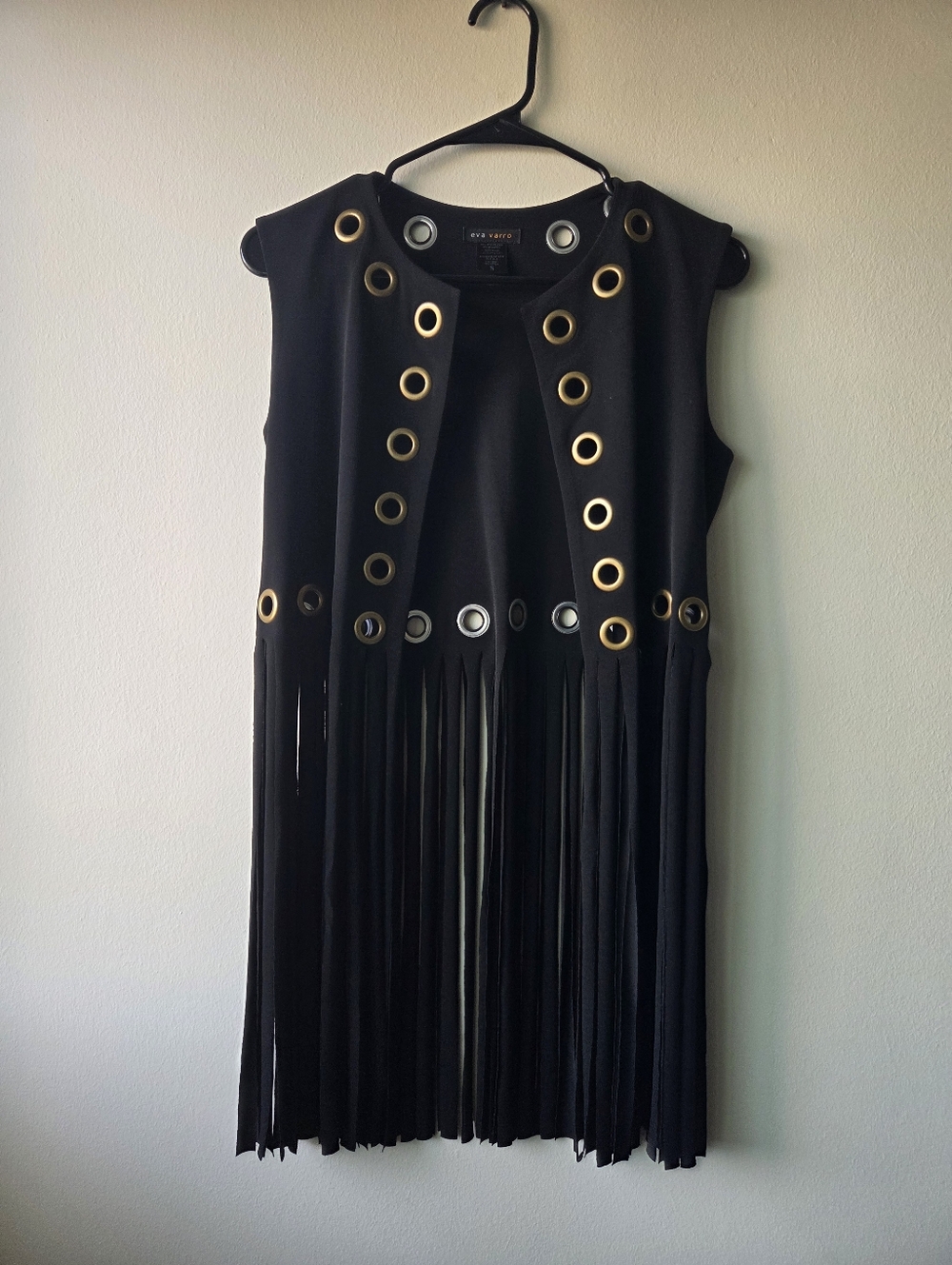 Eva Varro Black Fringe Western Style Vest with Gold & Silver Eyelets Size S.
